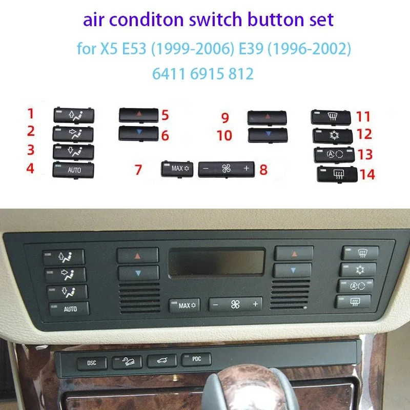 

14pcs/set Car Climate Control Air Conditioning Switch Button Covers for BMW X5 E53 1999-2006 E39 1996-2002