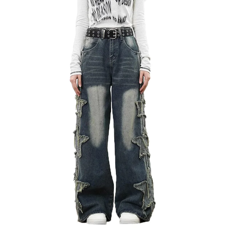 Summer New Korean Version High Street Star Patch Jeans Men'S Straight Leg Pants Casual Loose Denim Wide Leg Pants