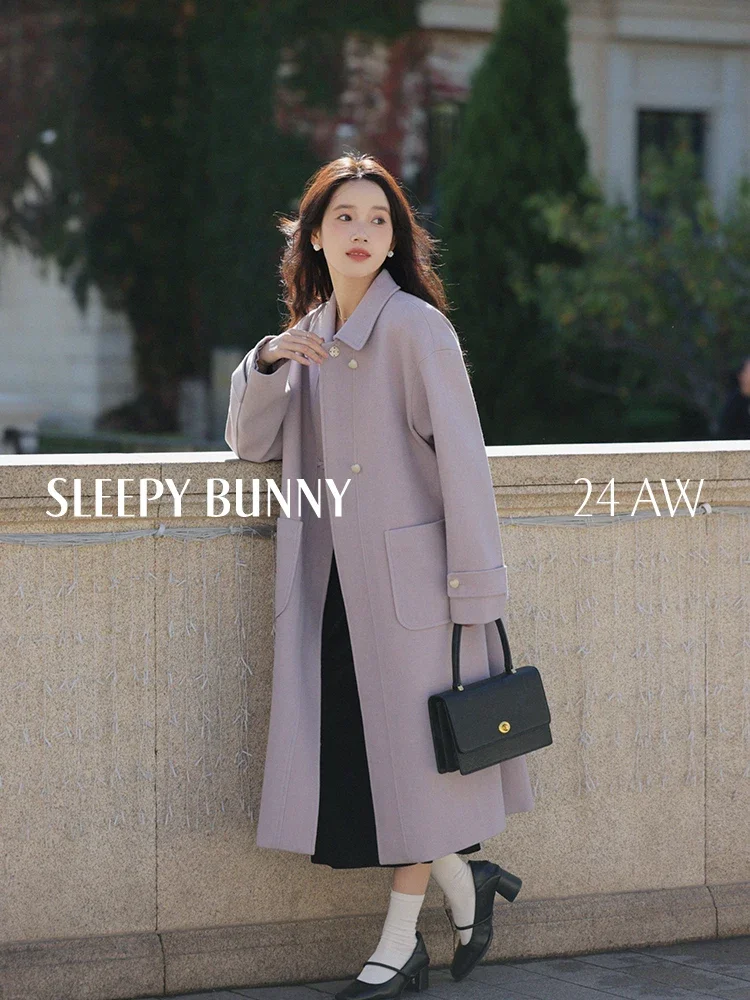 Sweet Style Heart Button Wool Coat Women Fall Winter Loose Fit Turn-Down Collar Elegant Casual High-End Long Overcoat 2025 New