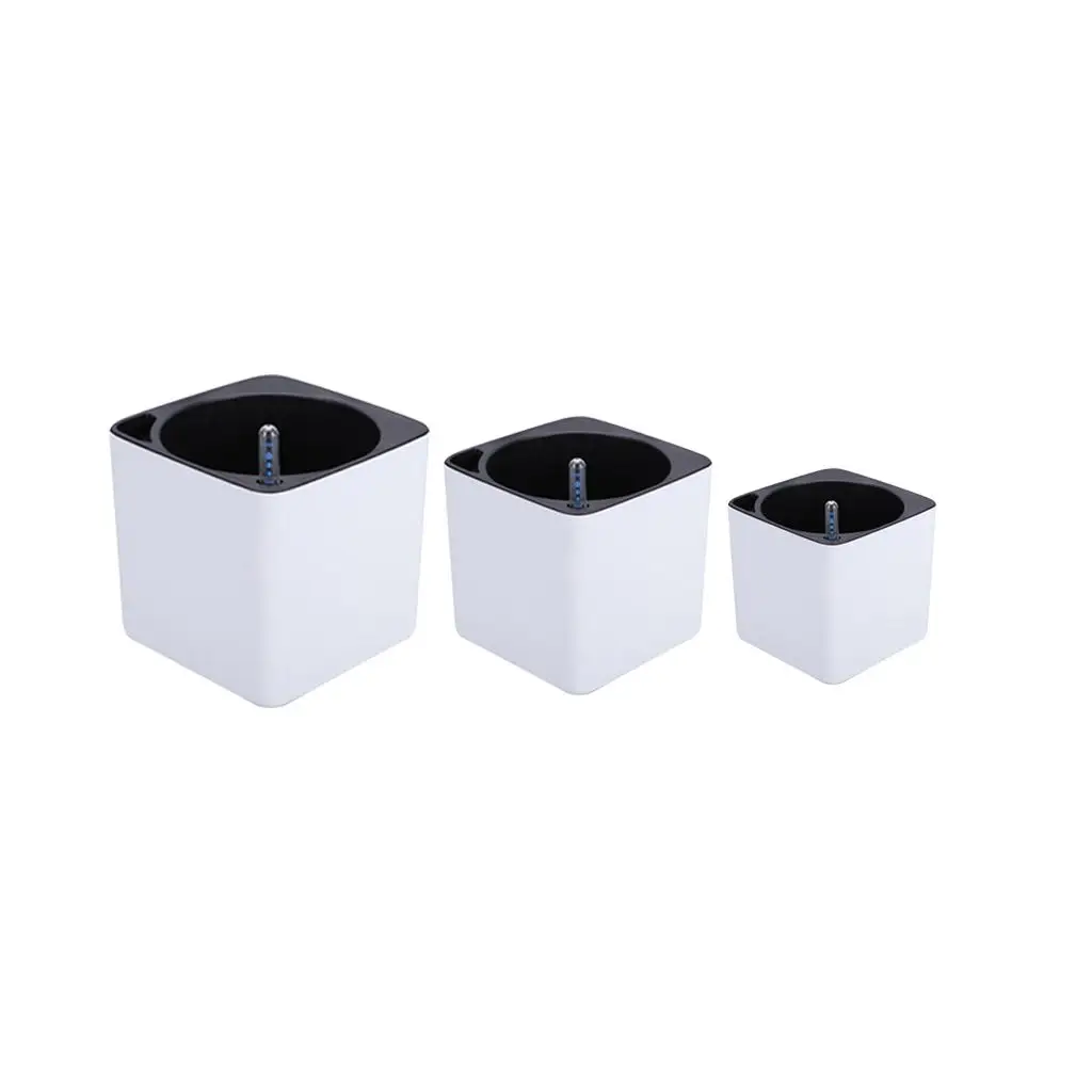 Square Self Watering Pot Planter w/ Water Indicator Gauge White