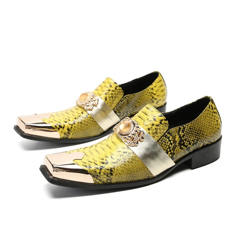 

Wedding Loafers Men Calfskin Leather Slip-Ons Metal Decoration Luxury Snakeskin Pattern Square Toe Business Dress Shoes