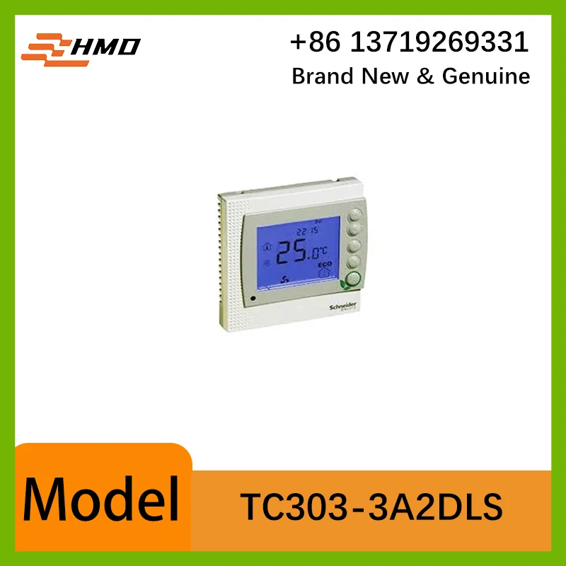 TC303‑3A2DLS fan‑coil thermostat, 24VAC power supply, 2‑pipe system, 3‑speed fan, clock timer & blue backlit LCD
