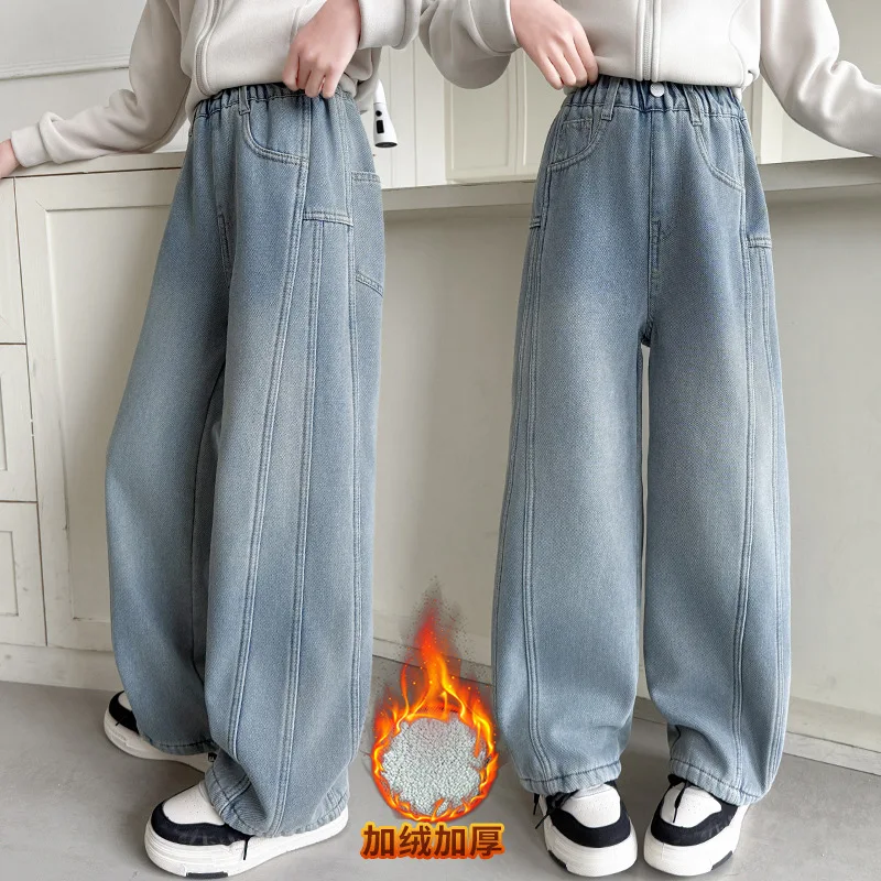 

Teen Girl Winter Insulated Jeans Child Vintage Thermal Denim Pants With Fleece Lined Kids Casual Fashion Warm Jeans Trousers