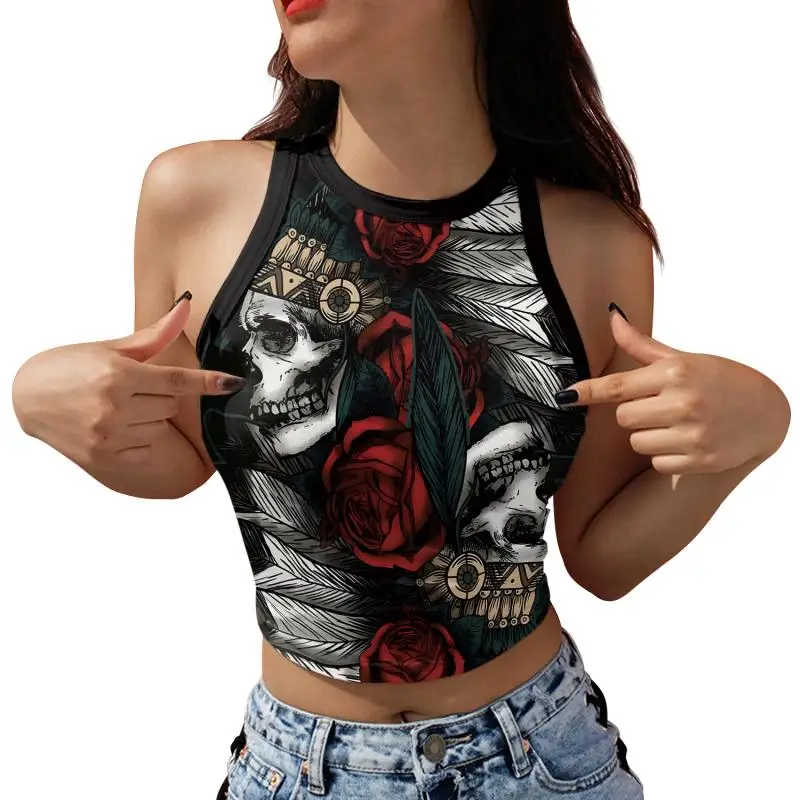 Nadanbao Damen-Crop-Top mit Geister-Kürbis-Print, kurze Weste mit Rosen-Totenkopf-Muster, sexy, schmales, ärmelloses Hemd, Halloween-Party-Top – Detail 29