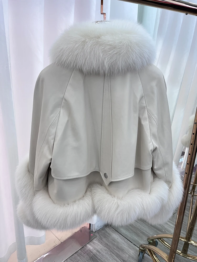 New Fashion Natural Fox Fur Coat Women's Genuine Sheepskin Leather Jacket Warm Luxury Female Coats Goose Gown Jacket