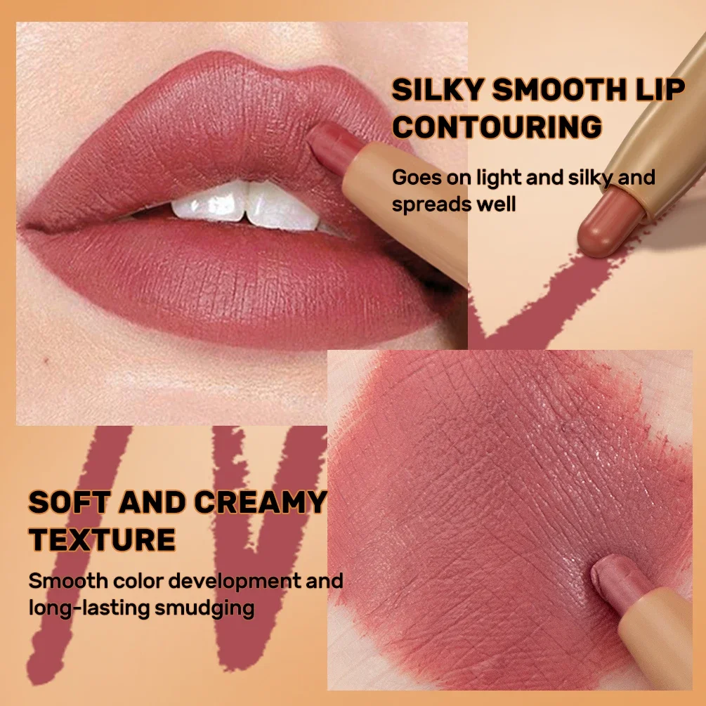 QIBEST Matita per labbra e pennello a doppia estremità Nebbia Velluto opaco Contorno Tinta 2 in 1 Matita per rossetto Durata Trucco naturale marrone nudo