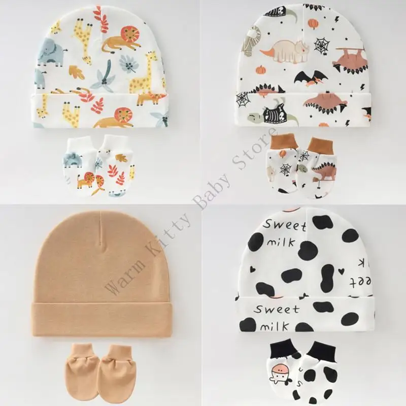 3 ชุดน่ารักพิมพ์ผ้าฝ้ายนุ่มหมวกเด็กและถุงมือฤดูใบไม้ผลิฤดูร้อน Unisex เด็กโรงพยาบาล Beanies หมวก Anti-Scratch Mittens สําหรับ 0-6M
