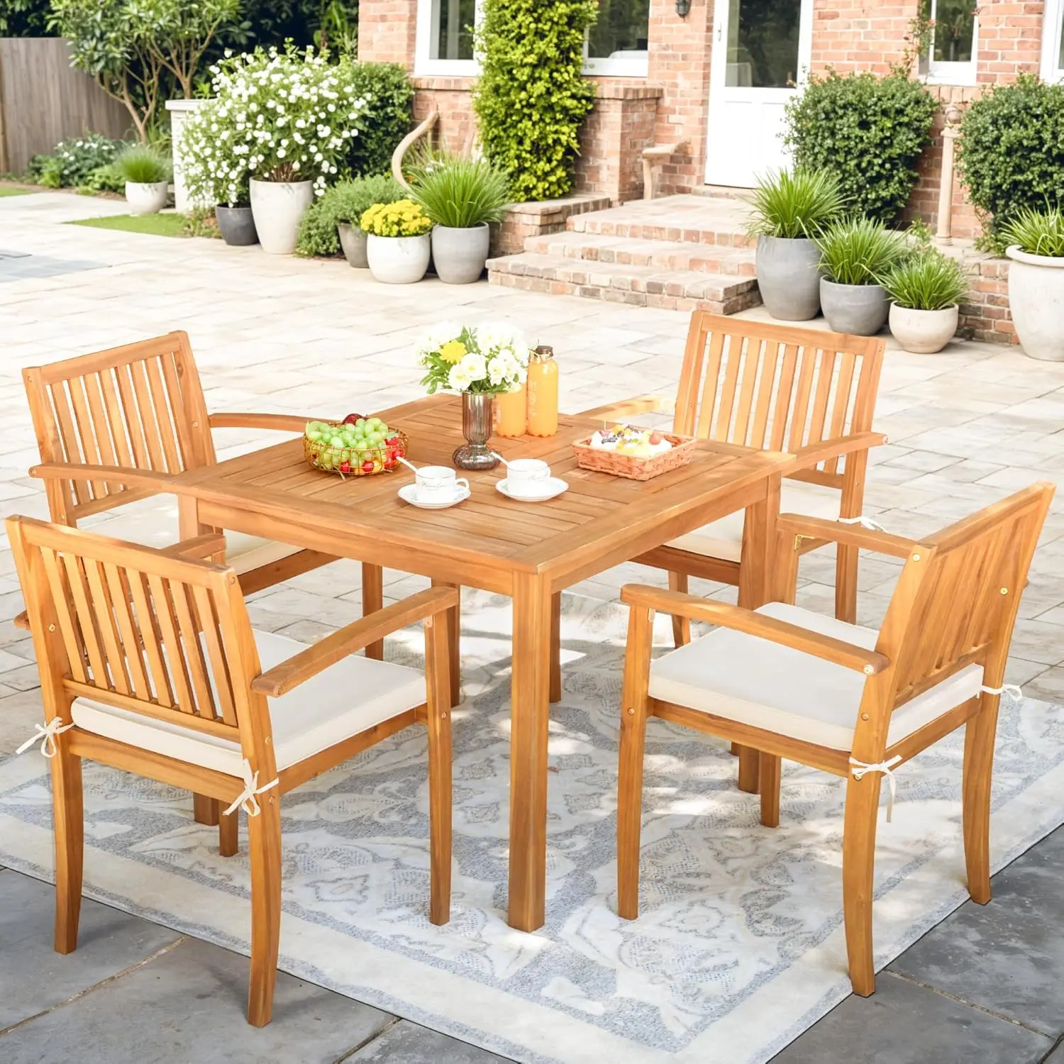 5 Piece Patio Dining Set Outdoor Solid Wood Furniture for Yard, Garden, Porch w/Square Tabletop & 4 Chairs, White