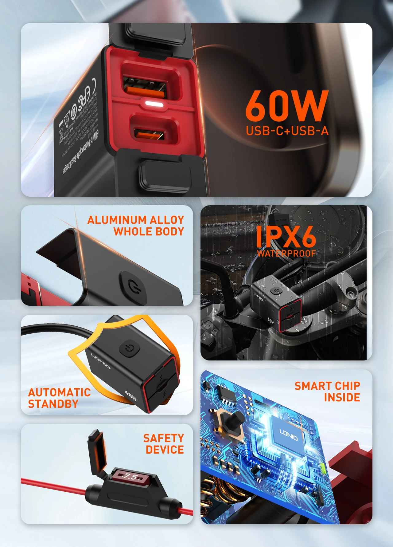 LDNIO Motorrad USB Schnellladegerät 60W Lenker Dual USB C UAB A Rückspiegel Wasserdichter Netzteiladapter mit Schalter – Detail 2