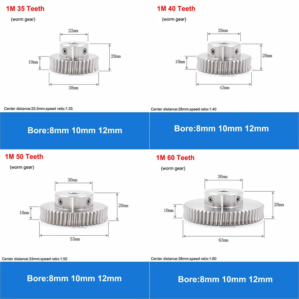 1 Mod Worm Gear Worm Rod 303 Stainless Steel 15/20/25/30/35/40/50/60 Teeth Speed Ratio 1:15 1:20 1:25 1:30 1:35 1:40 1:50 1:60