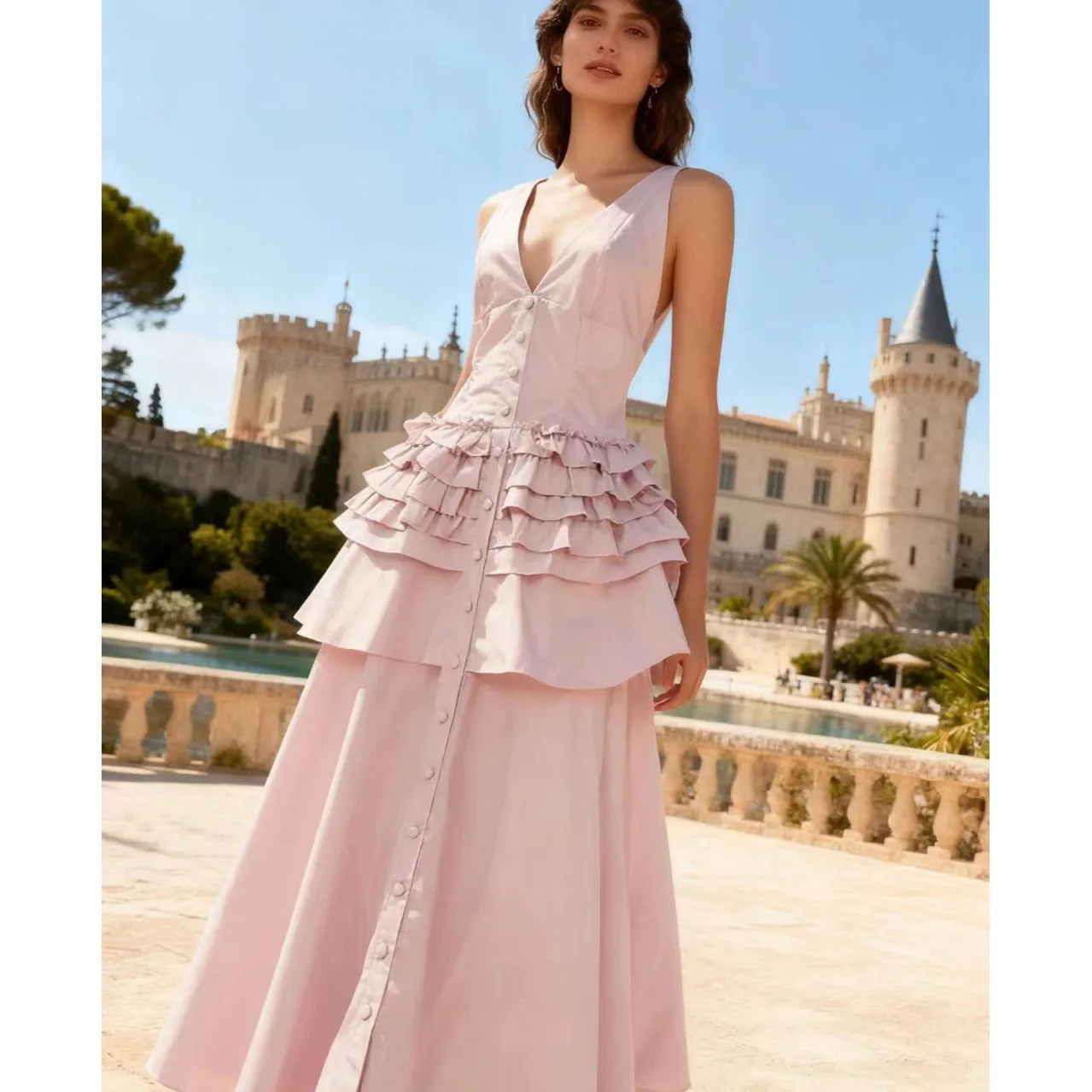 Ele V-Ne Midi Dr Vaion Vibes Gonna lunga fluente Vita alta Tessuto vaporoso in fibra di poliestere Senza cerniera Sves Ba