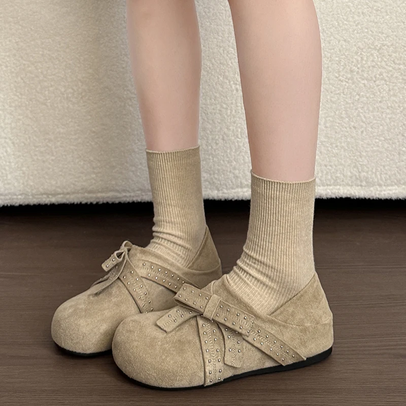 

Women Ladies Rhinestone Bow Mary Jane Flats Round Toe Slip On Casual Summer Comfortable Faux Suede Soft Sole Ballet Style Shoes