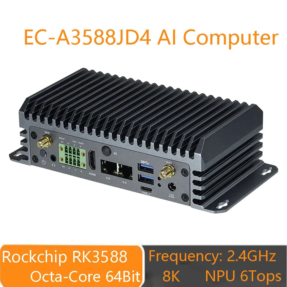 

EC-A3588JD4 6TOPS AI Host Large Model 8K Decoding Edge Computing Ruixin Micro RK3588 AI Computer 6 TOPS NPU 8K Android、Linux OS