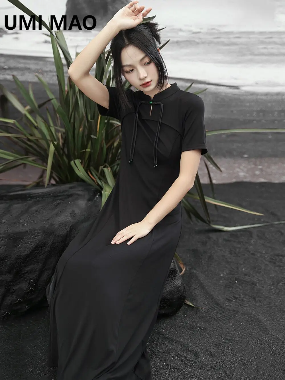 

UMI MAO Chinese Style Stand Up Collar Dress For Women's Summer Vacation Two Pieces Of Retro Knitted Buckle Tassel Femme Y2K