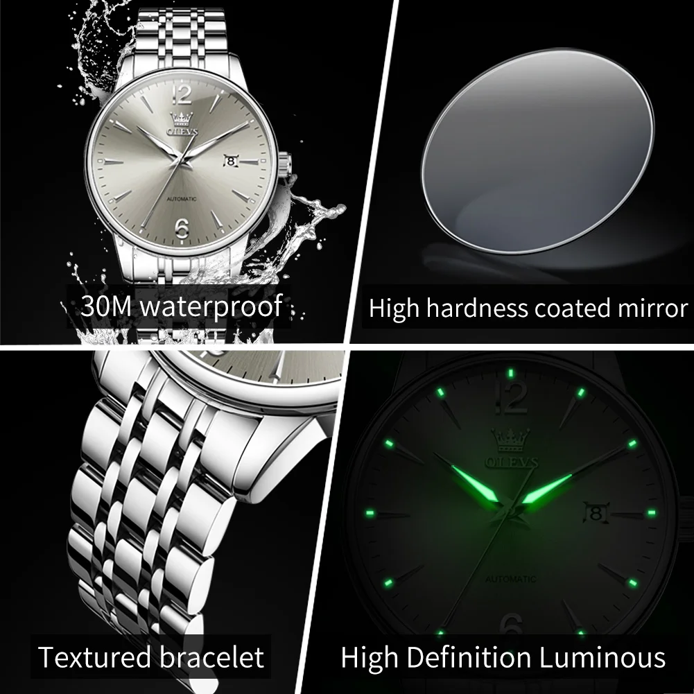 OLEVS العلامة التجارية الجديدة أزياء بسيطة الميكانيكية ساعة رجالي التقويم عرض الفولاذ المقاوم للصدأ للماء مضيئة الفاخرة الرجال ساعة اليد #5