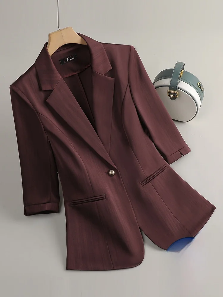 

Red Thin Seven-Quarter Sleeve Suit Jacket for Women Commute Style Slim Fit Polyester Spring New Arrival Short Coat