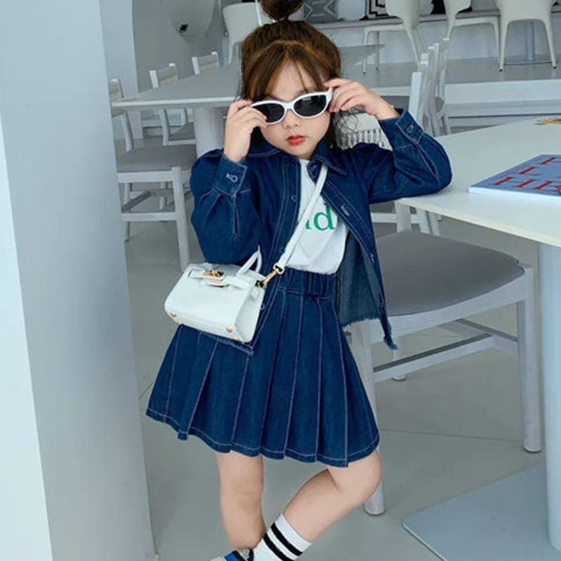 3 4 5 6 7 8 9 12 13Y Fall denim suit for girls with lapel denim shirt and pleated skirt two-piece set 100-140CM