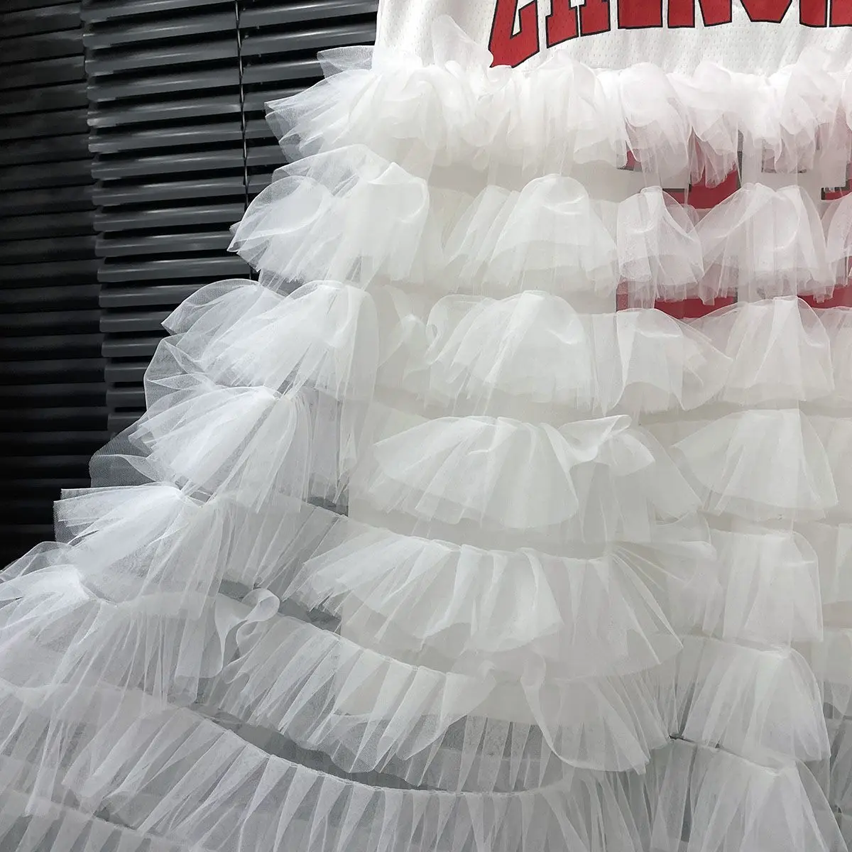 Femmes maille Patchwork volants gilet robe lettres chiffres imprimé sans manches t-shirt gaze épissé Lotus gâteau jupe longue débardeurs