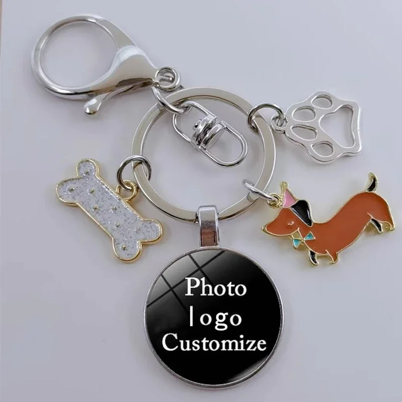 I love dachshund keychain cute animal cartoon dog keychain DIY dog glass convex key ring gift ladies men jewelry