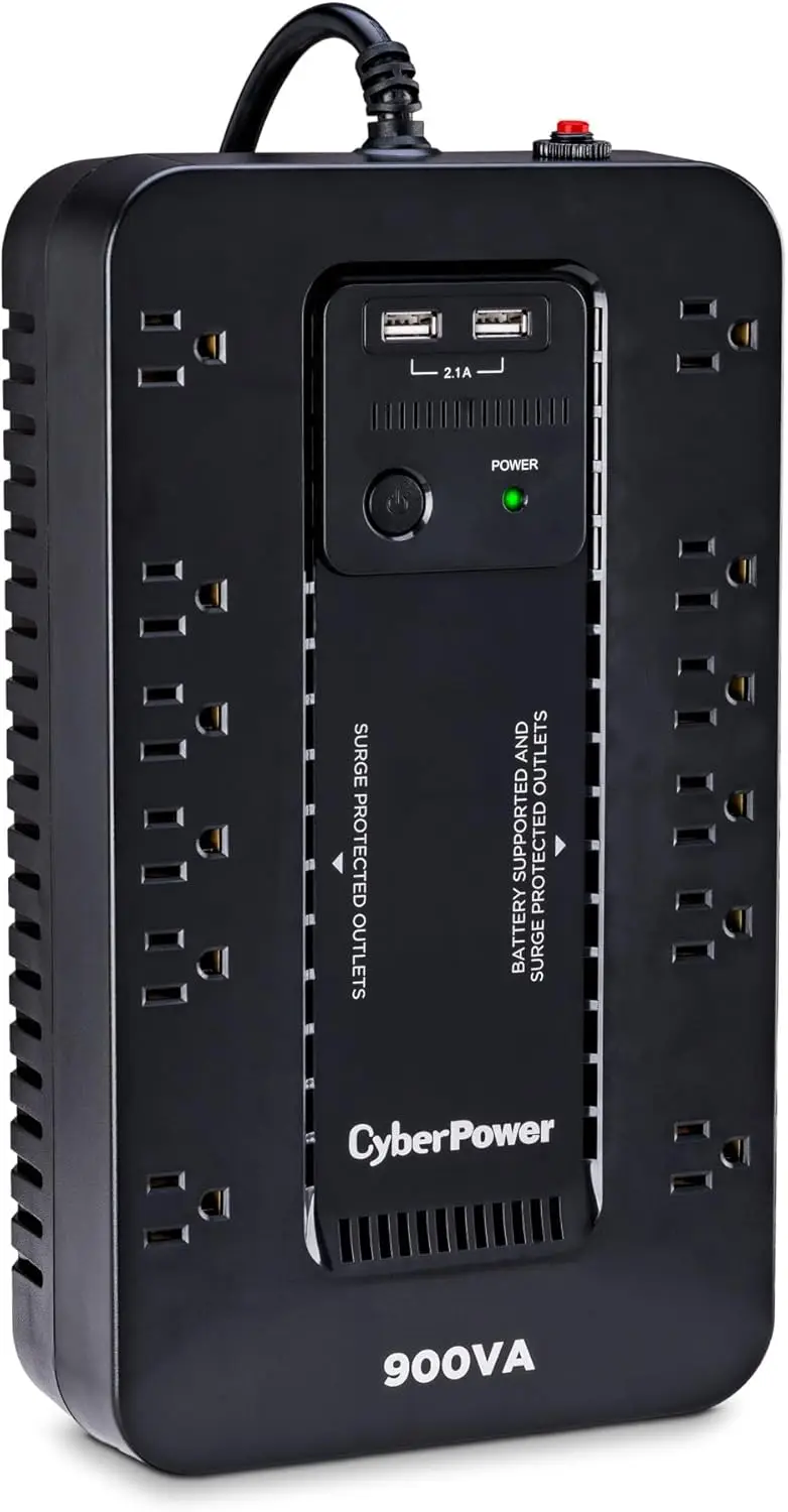 

900VA 500W UPS Battery Backup, 12 Outlets, 2 USB Ports, Compact Design