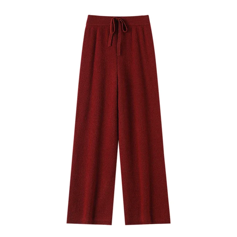 Tcyeek Women 100% Wool Wide Leg Pants Autumn Winter Thick Casual Style High Waist Basic Wool Knitted Pants High Quality