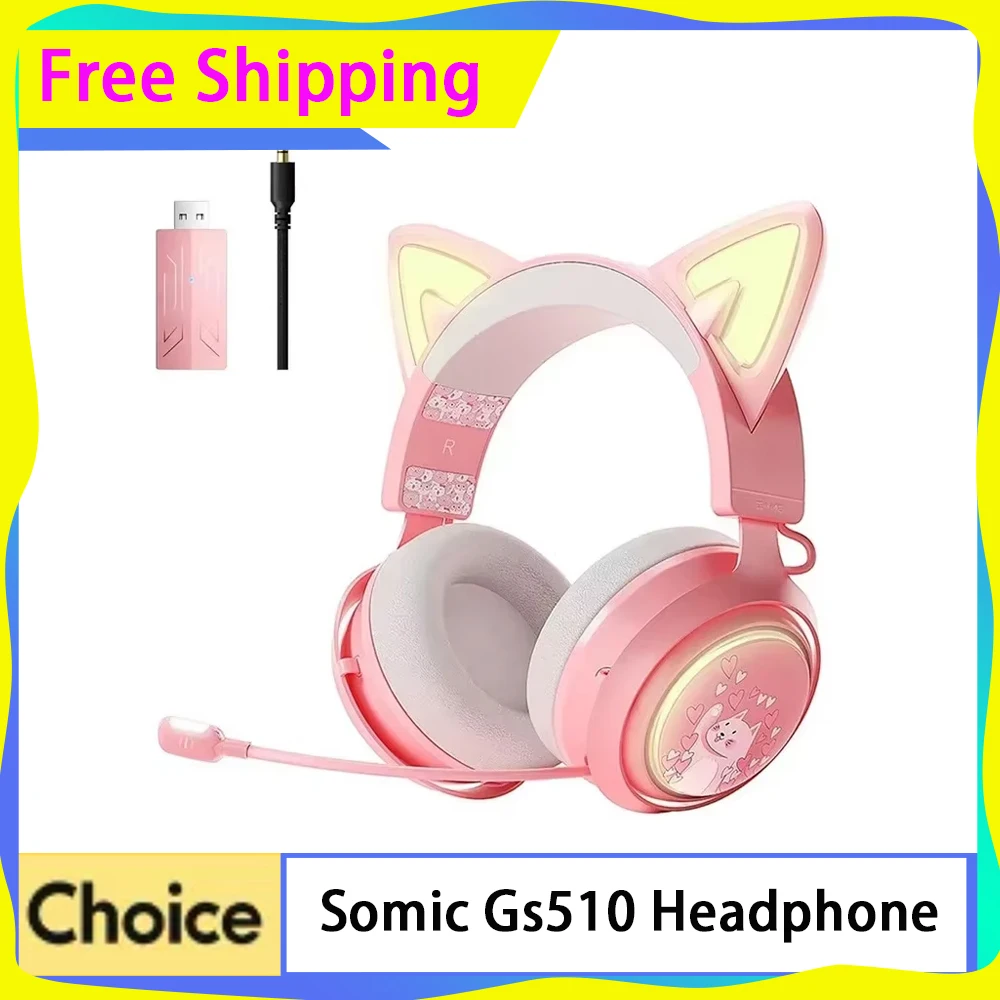 Somic Gs510 Headphone Tri Mode Bluetooth Wireless Customize Cat Ear Gaming E-Sport Headset Rgb Magnetic Cover For Girl Gamer