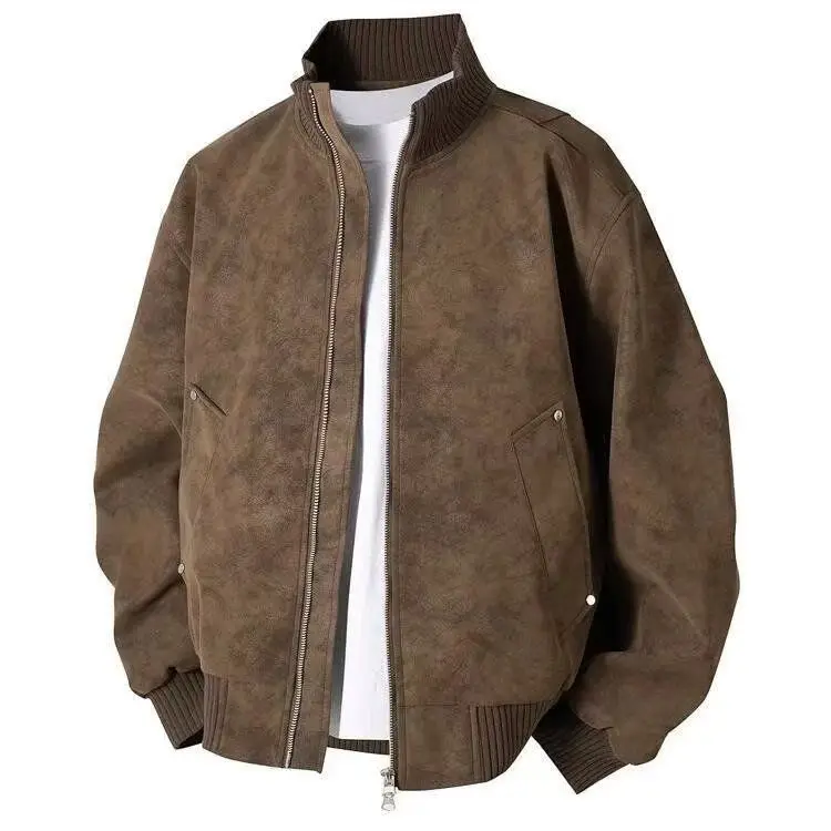 

Casual Loose Men's Jaet Sli Streetwear Hong Kong Sle Leather Jaet Youthful Energy ort Length Zipper Closure Pure ...