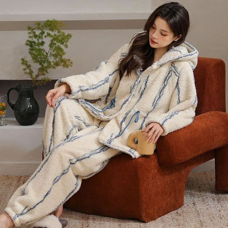 

Women's Pajama Set Autumn Winter New Nightwear Coral Fleece Velvet Thick Sleepwear External Wear Warm Home Suit Girl Homewear