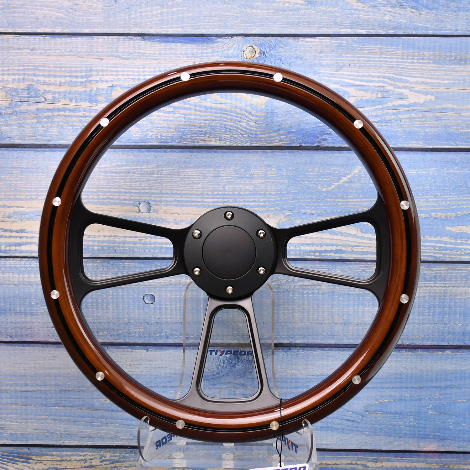 

TIYPEOR 350MM Solid Wood VIP Style High-end Retro Rivet Custom Matte Black Support for Car Universal Steering Wheel