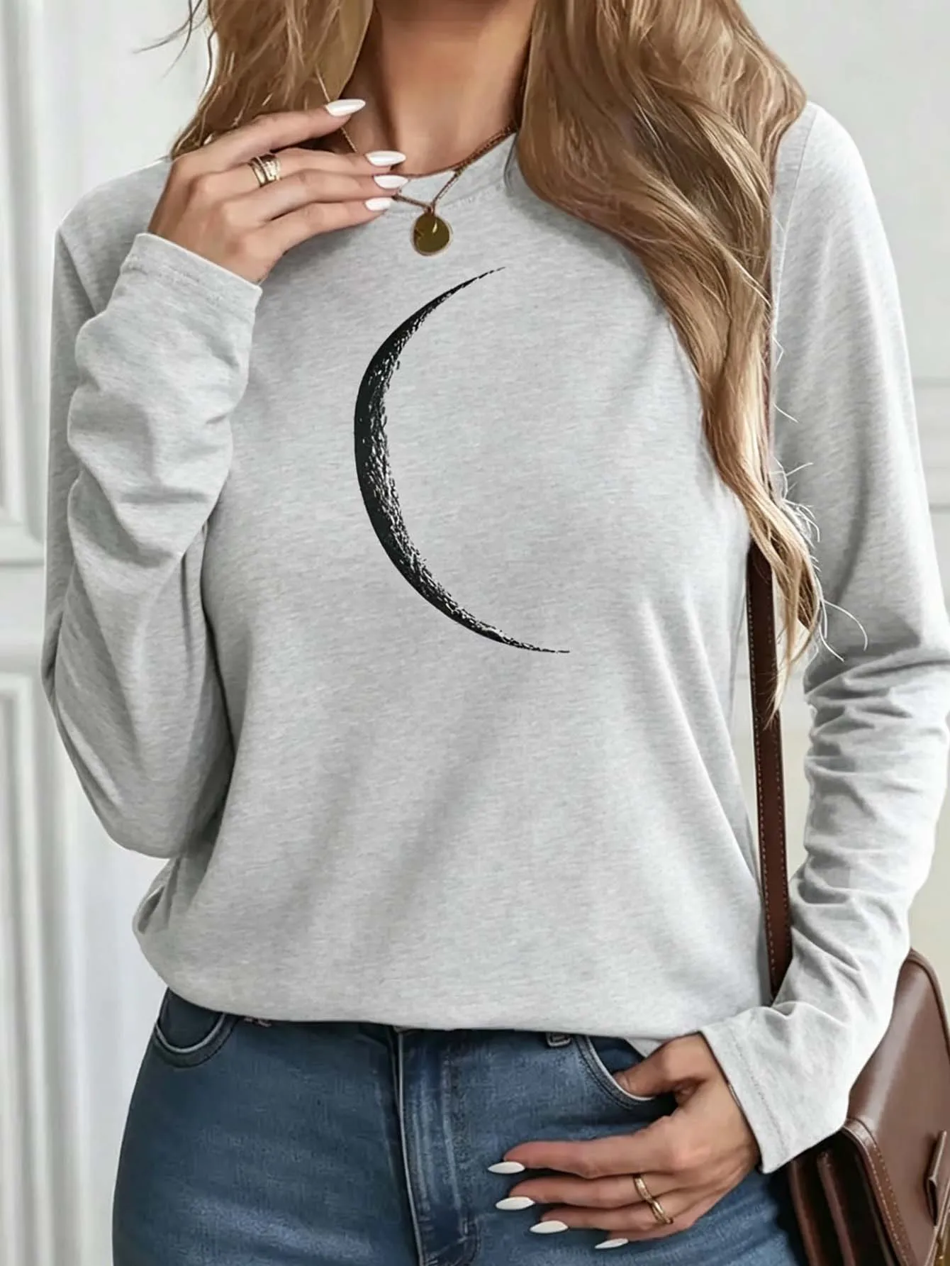 Sportliches, lässiges Langarm-T-Shirt für Damen - Mond-Print, Frühling/Sommer-Saison, weich und atmungsaktiv, schlicht und lässig – Detail 4