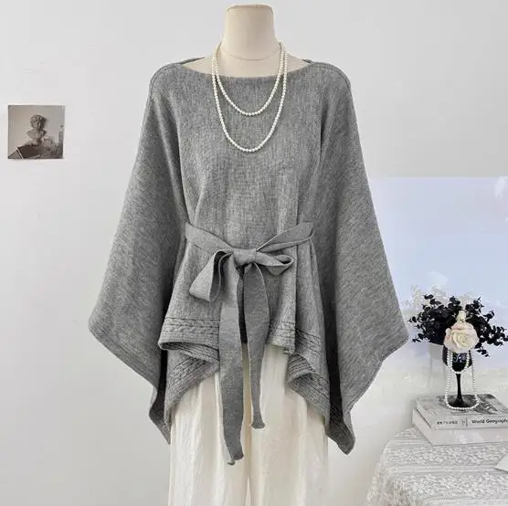 

Sweater Women Autumn Winter Long Sleeve Irregular Belted Waist Tunic Knit Top