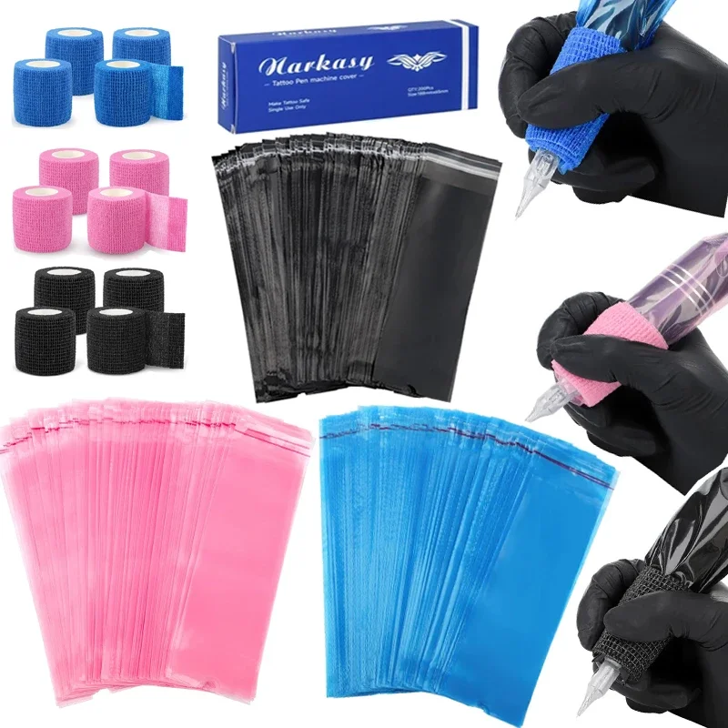 200Pcs Tattoo Machine Covers with Self-adhesive Strip, 4Pcs Tattoo Grip Wrap and Tattoo Pen Machine Bags