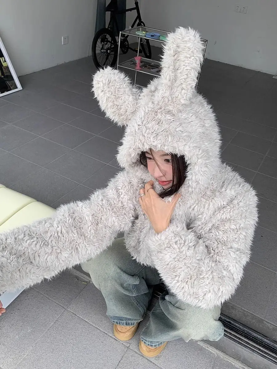 Retro Cute Rabbit Ear Imitation Fur Short Hooded Plush Jacket for Women in Winter Loose Thick Lazy Style