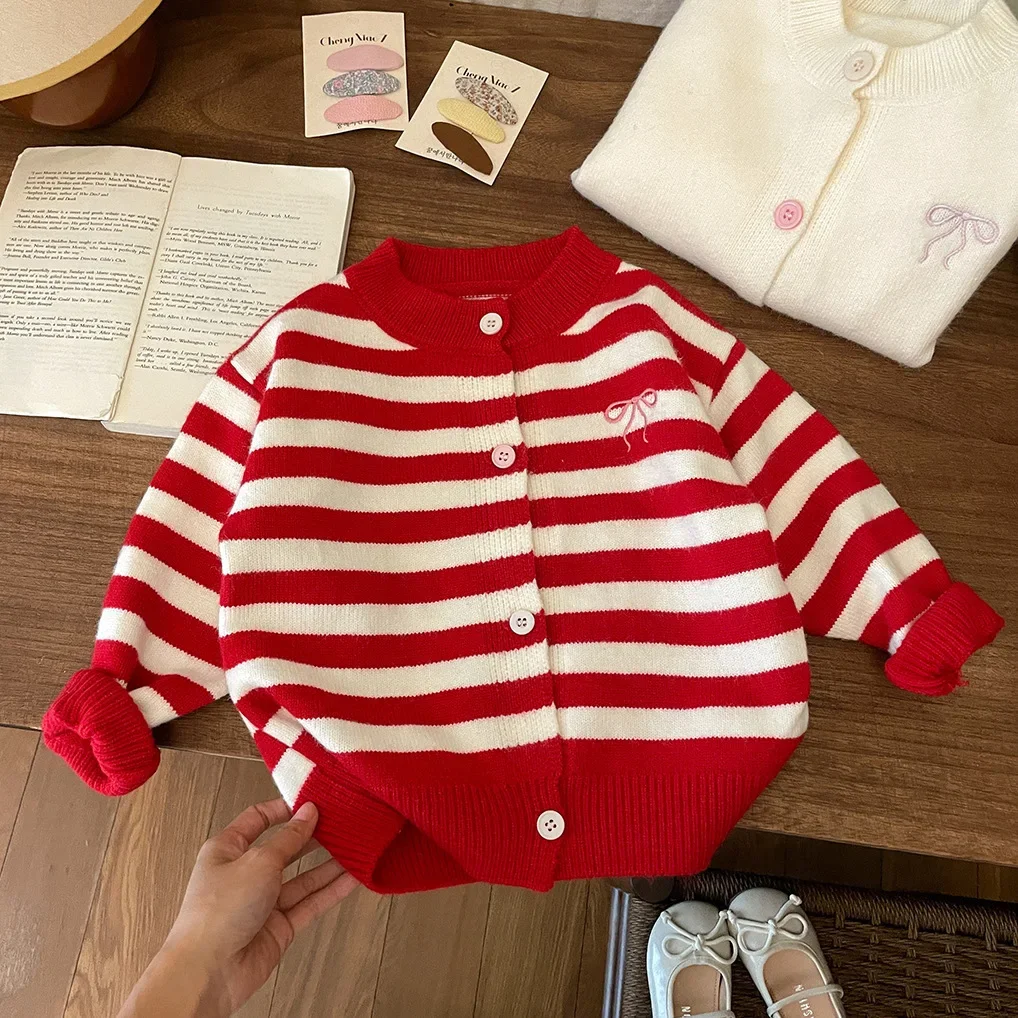 Autumn Children\'s Striped Cardigan Girls\' Knitted Sweater Top Bow Embroidered Little Girl\'s Coat Winter Baby Girl Clothes