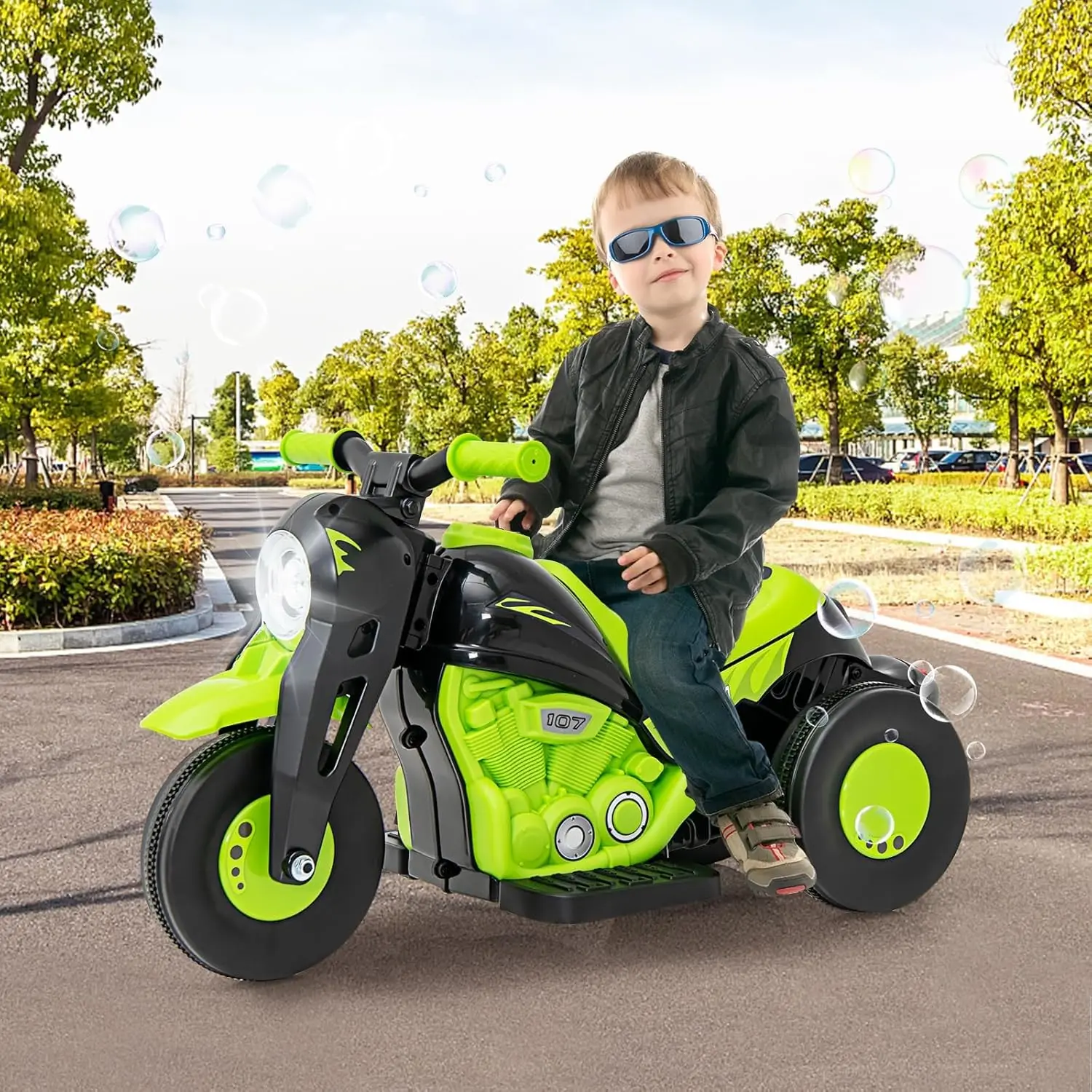 Kindermotorfiets, 6V elektrische rit op auto met automatische bellenfunctie, voetpedaal, koplamp, muziek, 3 anti-skip wielen voertuig