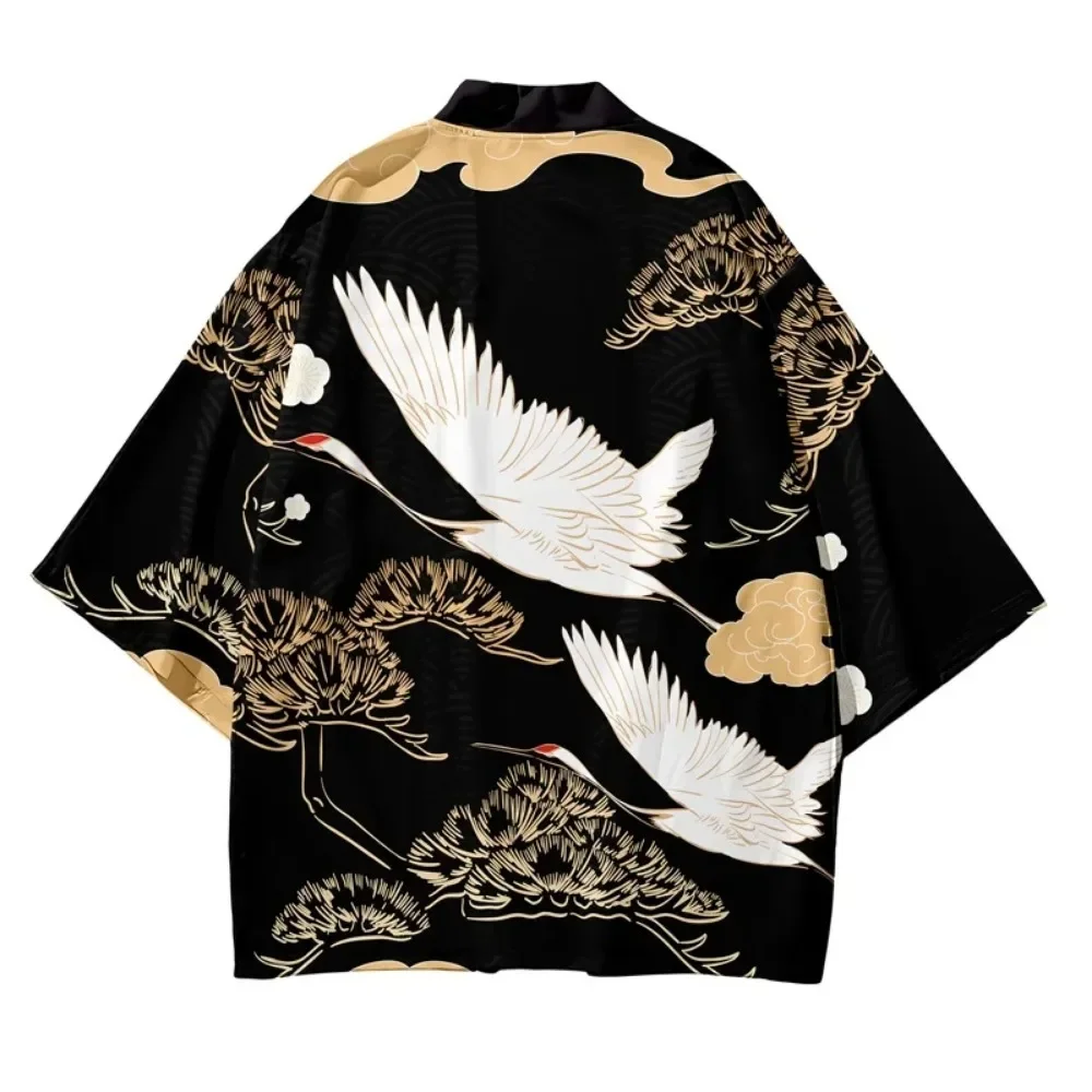 Crane Pattern Print Kimono Cardigan Traditional Men Women Harajuku Yukata Top Japanese Haori Samurai Cosplay Streetwear Clothing