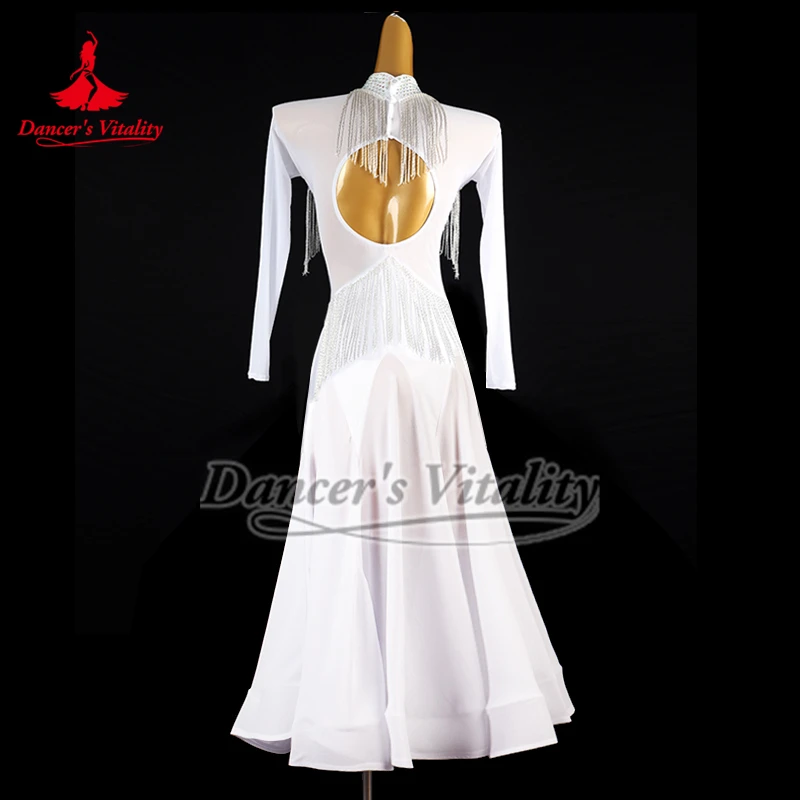 หญิง Waltz Foxtrot Tango ชุดสังคมเต้นรําแขนยาวสีขาวคอ Big Swing ชุดผู้ใหญ่ห้องบอลรูมเสื้อผ้าปรับแต่ง
