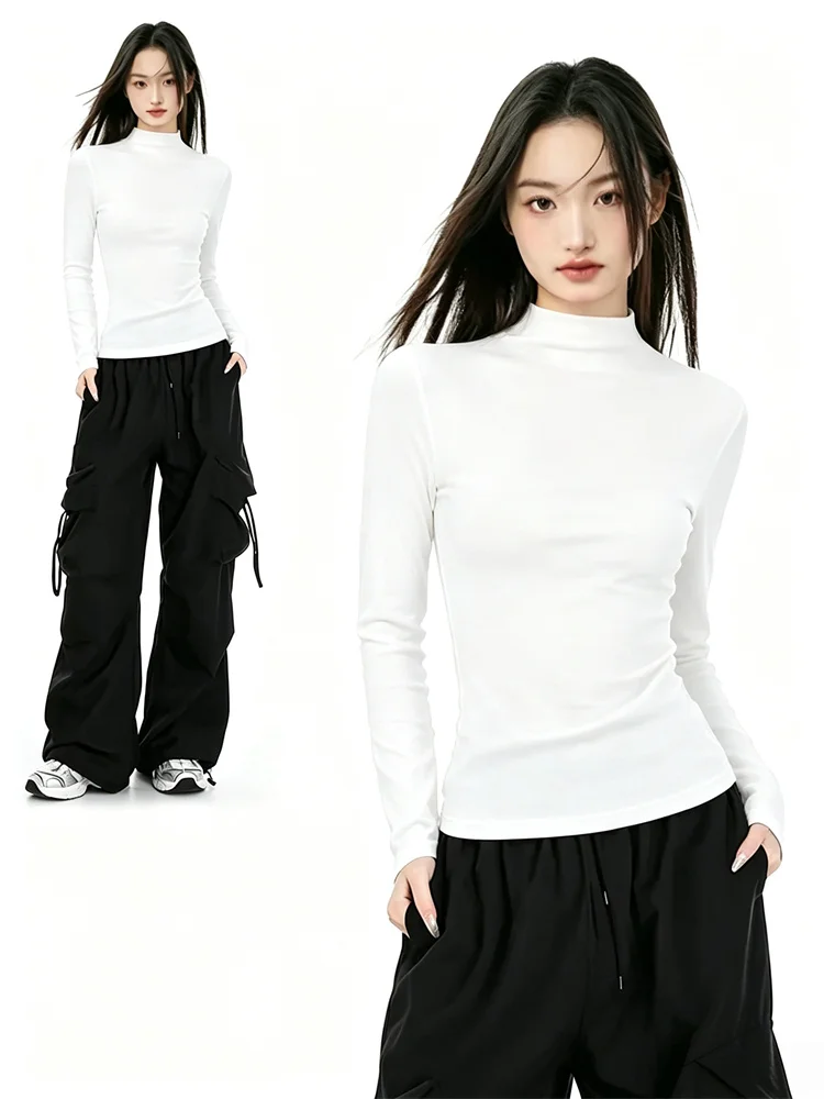 Women's Slim Fit Long Sleeve Fleece Lined Half High Neck Base Shirt Autumn Winter New Style Outerwear Casual Comfortable Top