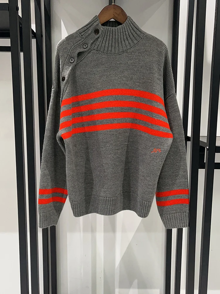 

Loose Fit Asymmetrical High Ne Sweater for Women Side Button Red Stripe Design Autumn Winter Ladies Knitwear Casual Sle