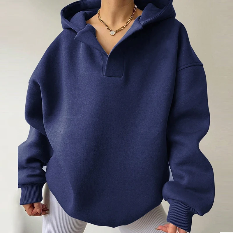 

2024 Winter Loose Hooded Sweatshirt Fashion Lady Long Sleeve V-Neck Hoodie Pullover Autumn Casual Solid Color Women Sweatshirt