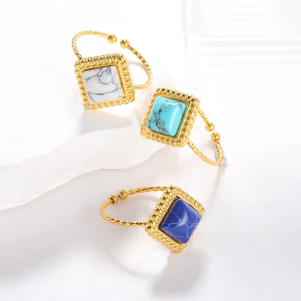 PVD Plated Stainless Steel Ring Vintage Square Natural Stone Rings Open 18K Gold Color Opal Jewelry For Women Anniversary Gift