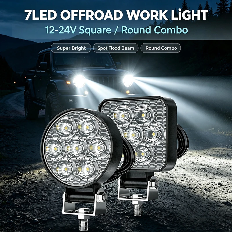 2PCS 7 LED Mini Led Work Light 12‑24v Square Round Combo Spot Flood Lamp Offroad Auxiliary Driving Light For Car Truck Suv Atv