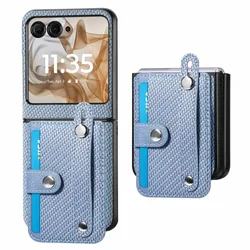 Carbon Fiber Pattern PU Leather Phone Case For Motorola Razr 50 Ultra 40 Multifunctional Card Slot Bag Bracket Wrist Strap Cover