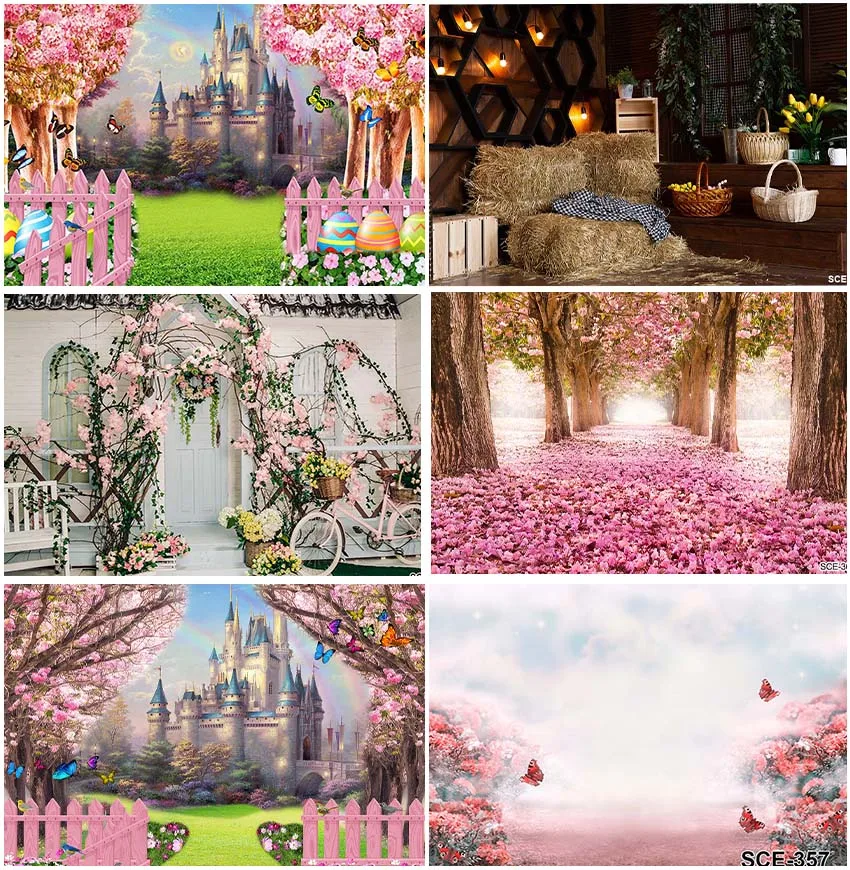 Pink Flowers Trees Castle Spring Girls Princess Birthday Party Photo Backdrops Easter Holiday Family Portrait Newborn Background