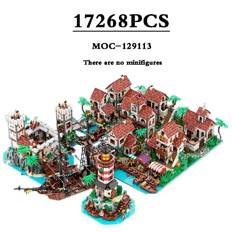 MOC-129113 New Medieval Pirate Town Building Castle Ultimate Pirate Harbor Building Block Assembly Model Adult Birthday Toy Gift