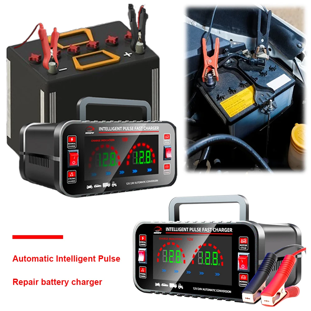 12V/24V Car Battery Charger 150W Smart Motorcycle Battery Charger Large Screen Smart Pulse Repair AGM GEL WET Lead Acid Charger