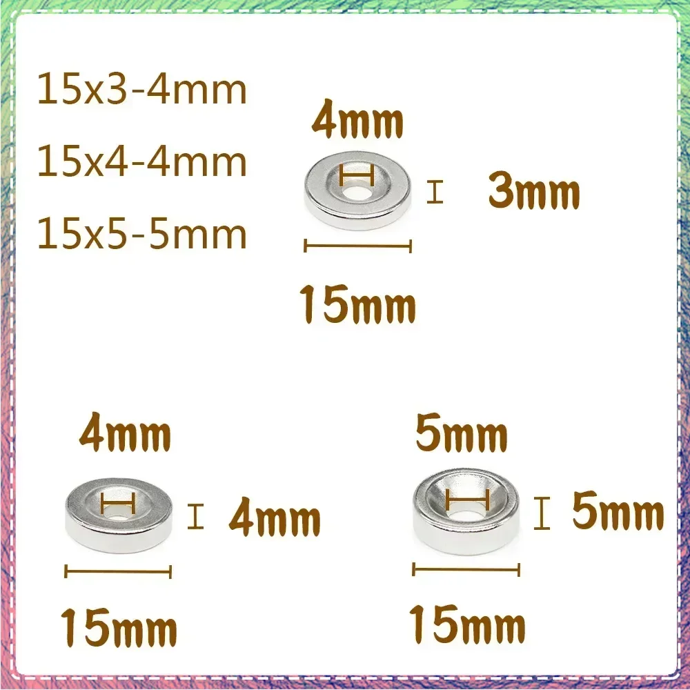 10/20/50/100Pcs 15x3-4mm 15x4-4mm 15x5-5mm Small Round Super Strong N35 Search Magnet Countersunk Neodymium Magnet Disc Imanes