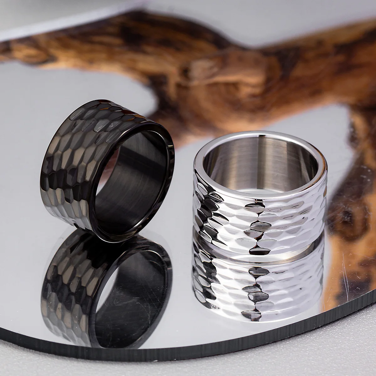 12mm Wide Fashionable Stainless Steel Fish Scale Pattern Ring with Irregular Convex Male Hammer Party Jewelry