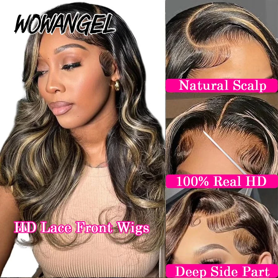 13x6 HD Lace Front Wigs #1B27 Ombre Highlight Glueless 34in Body Wave Wigs Pre plucked Human Hair Wigs Brazilian Hair For Women