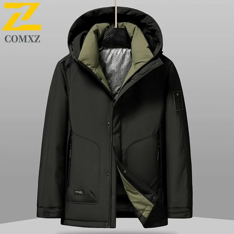 COMXZ Men Down Jacket 2025 New Outdoor Mountaineering Warm Windproof Coat Fashion Hooded Camping Cold Protection Winter Garment